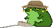 a pixelated cartoon graphic of a fat, lazy, cork hat wearing, unamused frog with a keyboard in front of them, awaiting your search query